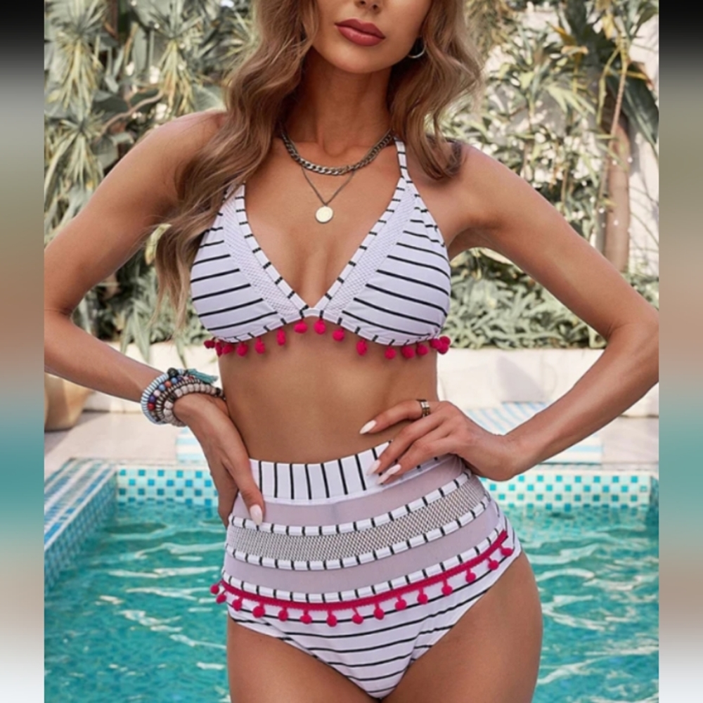 COCO SHIP Tassel Mesh Stripe 2pc Halter V-Neck Swimsuit NWT